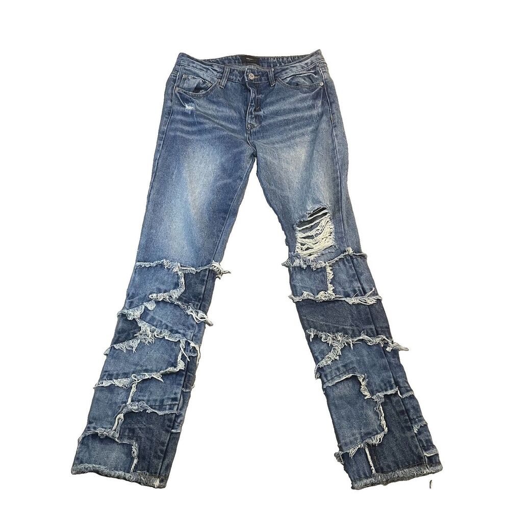 Forever 21 Frayed Patchwork Slim Fit Jeans Mens Size 32 Blue Distressed Raw Hem